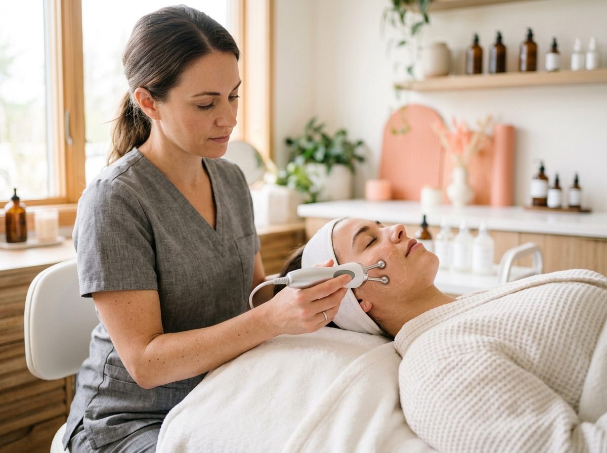 Esthetician performs microcurrent treatment on client's cheek with handheld device in bright treatment room